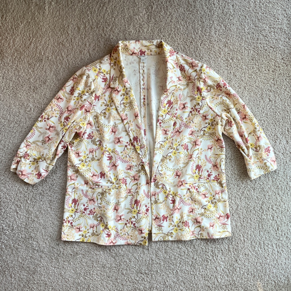 Cato Floral Women's Open Front Pink Cream Yellow Tan Blazer Jacket Size 22/24W